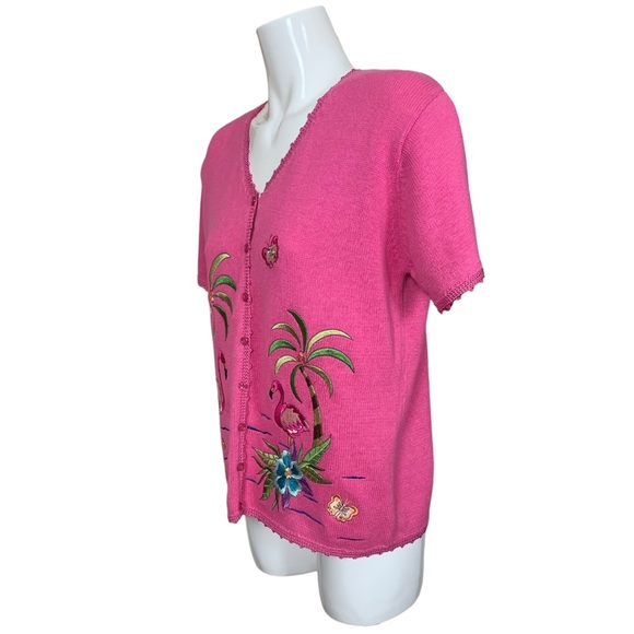 Jenny Pink Ramie Knit Tropical Pink Flamingo Button Front Sweater/Cardigan Large - Picture 5 of 13